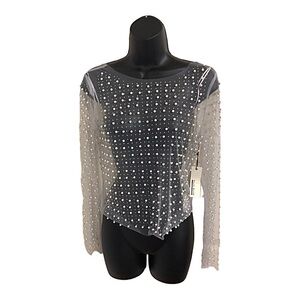 Sheer Pearls & rhinestones crystals studded mesh long‎ sleeve top size large new